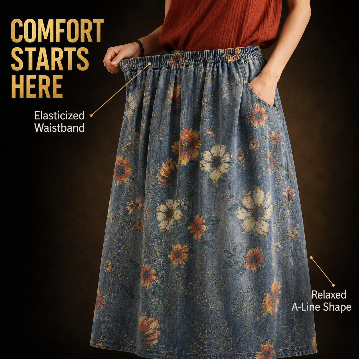 Vintage Floral Denim Maxi Skirt, Women's Elastic Waist Jean Skirt, Casual Summer A Line Long Skirt with Pockets, Boho Floral Skirt