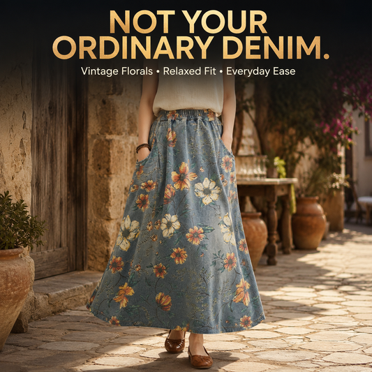 Vintage Floral Denim Maxi Skirt, Women's Elastic Waist Jean Skirt, Casual Summer A Line Long Skirt with Pockets, Boho Floral Skirt