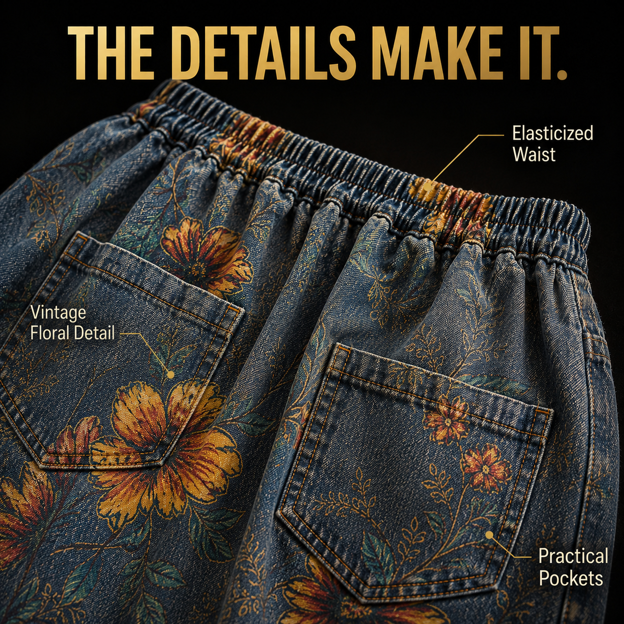 Vintage Floral Denim Maxi Skirt, Women's Elastic Waist Jean Skirt, Casual Summer A Line Long Skirt with Pockets, Boho Floral Skirt