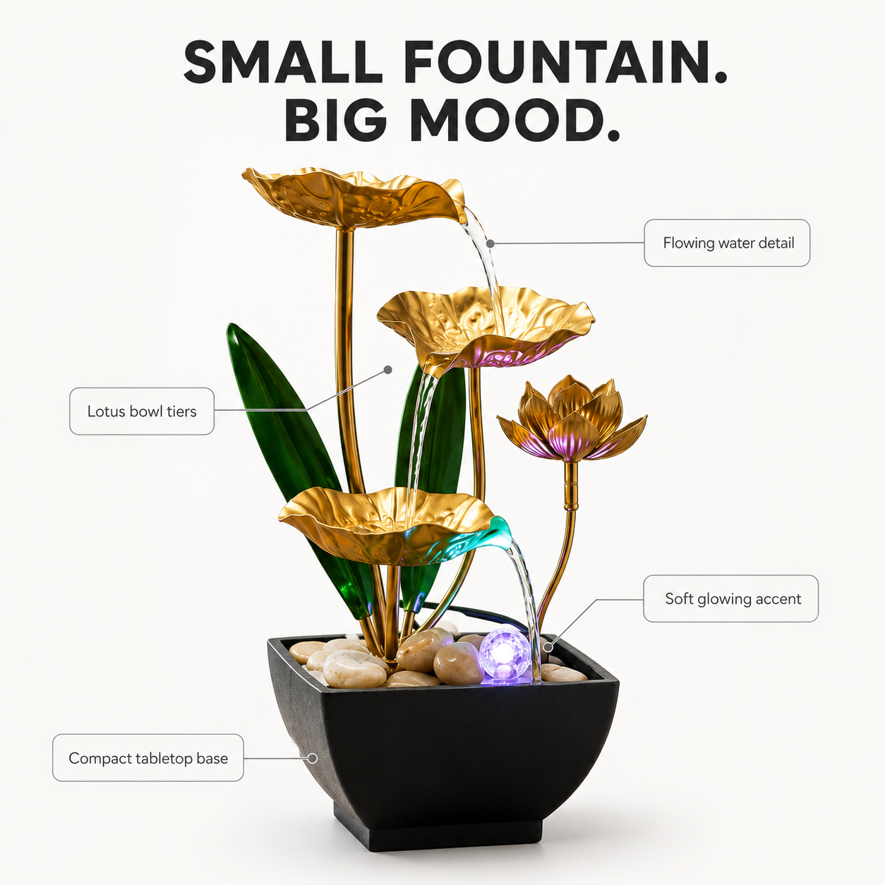 Lotus Tabletop Water Fountain | Indoor Waterfall Decor | Office Desk Fountain | Living Room Cabinet Ornament
