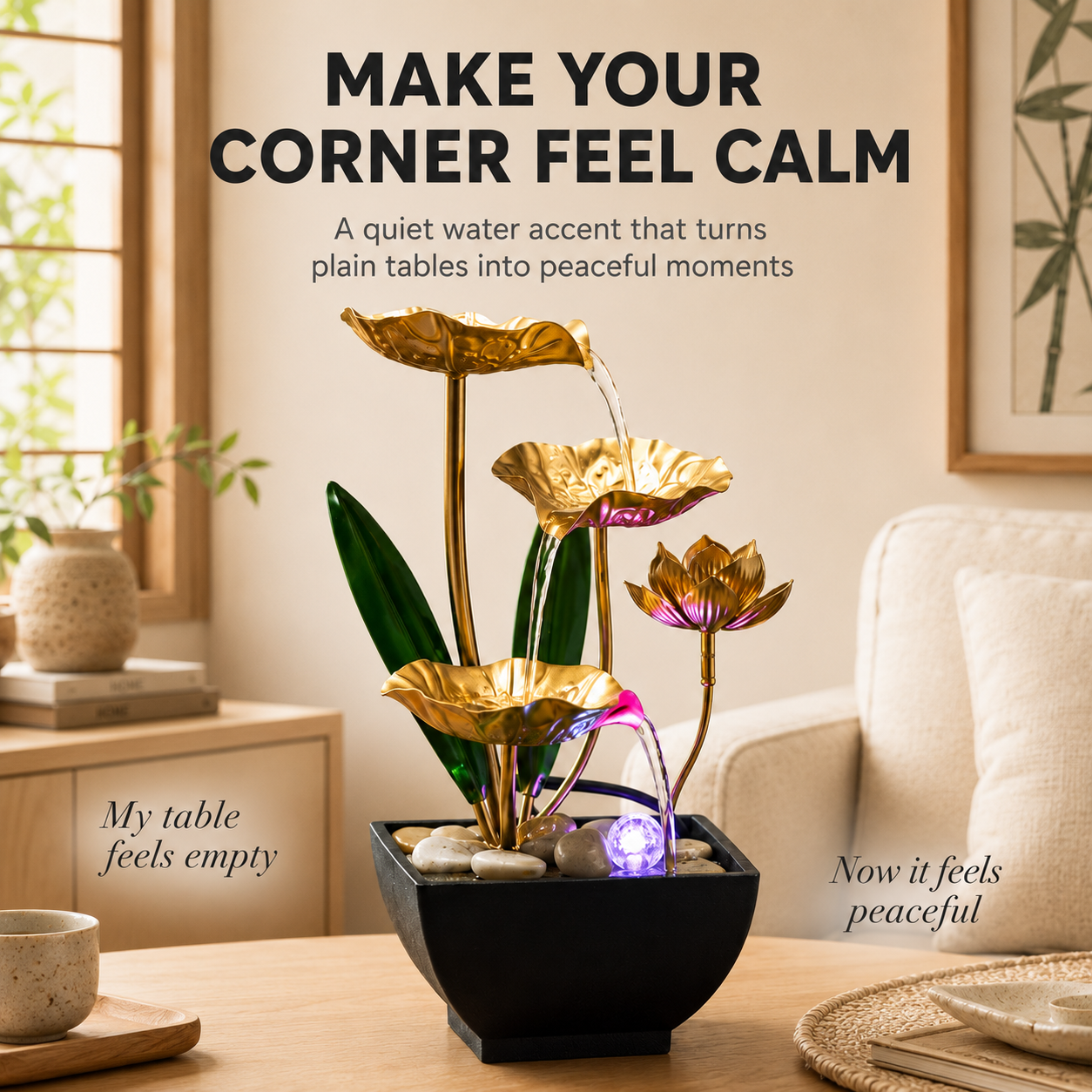 Lotus Tabletop Water Fountain | Indoor Waterfall Decor | Office Desk Fountain | Living Room Cabinet Ornament