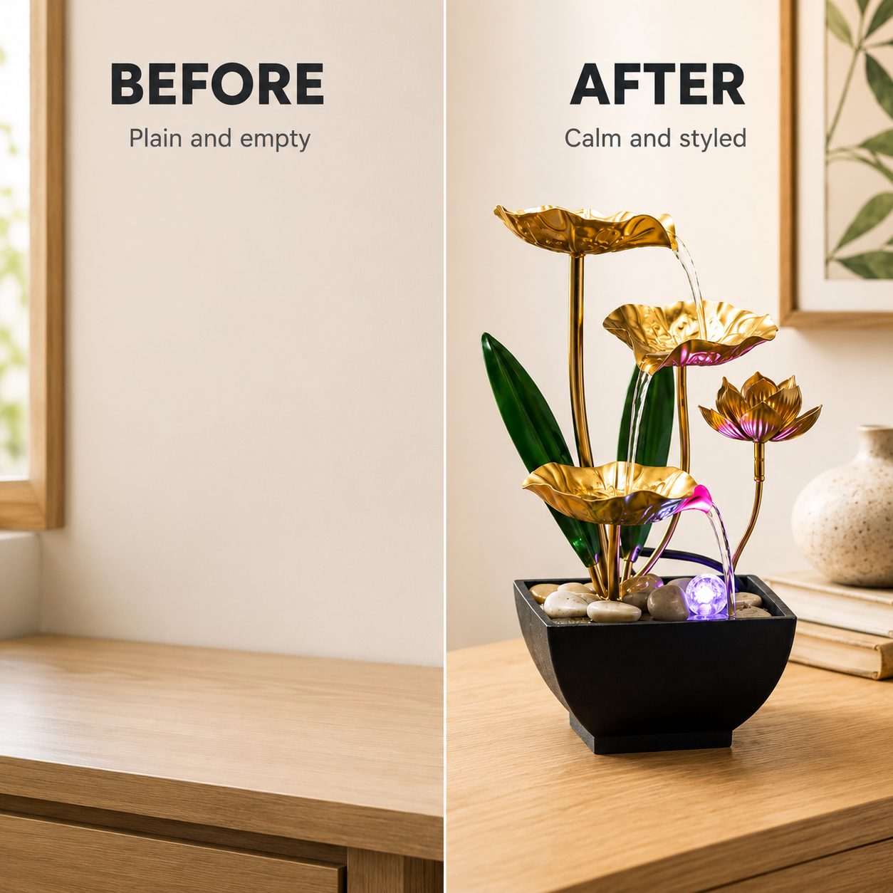 Lotus Tabletop Water Fountain | Indoor Waterfall Decor | Office Desk Fountain | Living Room Cabinet Ornament