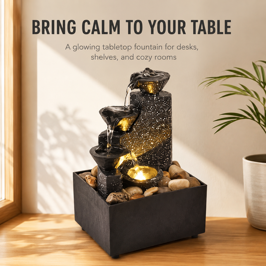 Tabletop Water Fountain Decor | Indoor Waterfall Ornament | Desk Shelf Accent | Soft Light Home Office Display