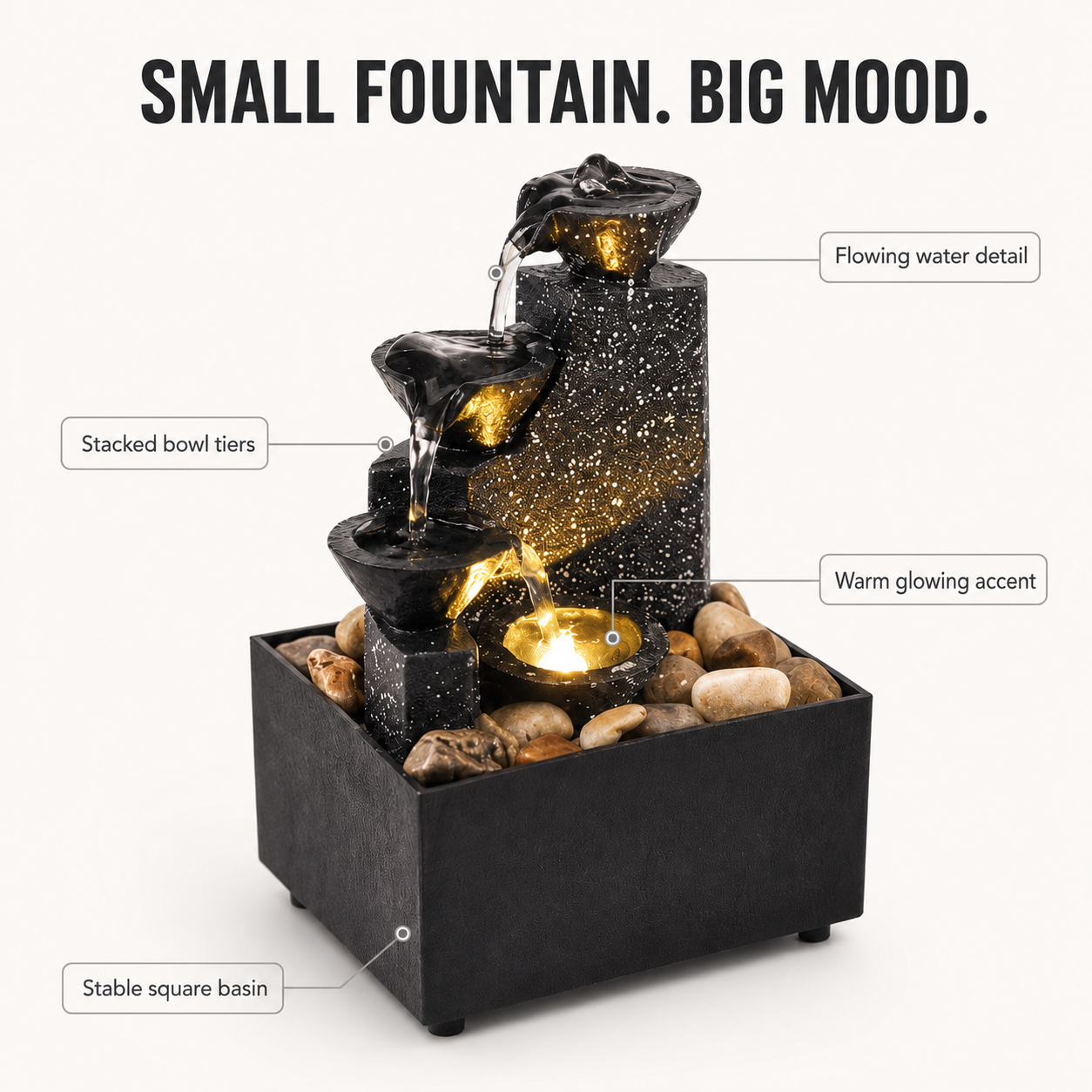 Tabletop Water Fountain Decor | Indoor Waterfall Ornament | Desk Shelf Accent | Soft Light Home Office Display