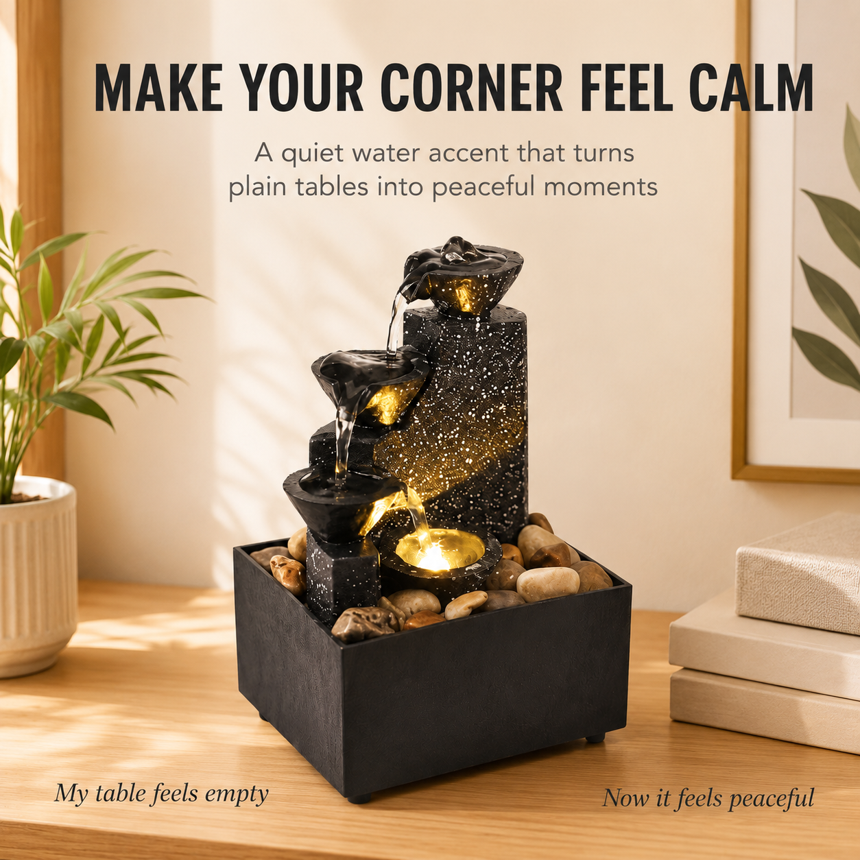 Tabletop Water Fountain Decor | Indoor Waterfall Ornament | Desk Shelf Accent | Soft Light Home Office Display