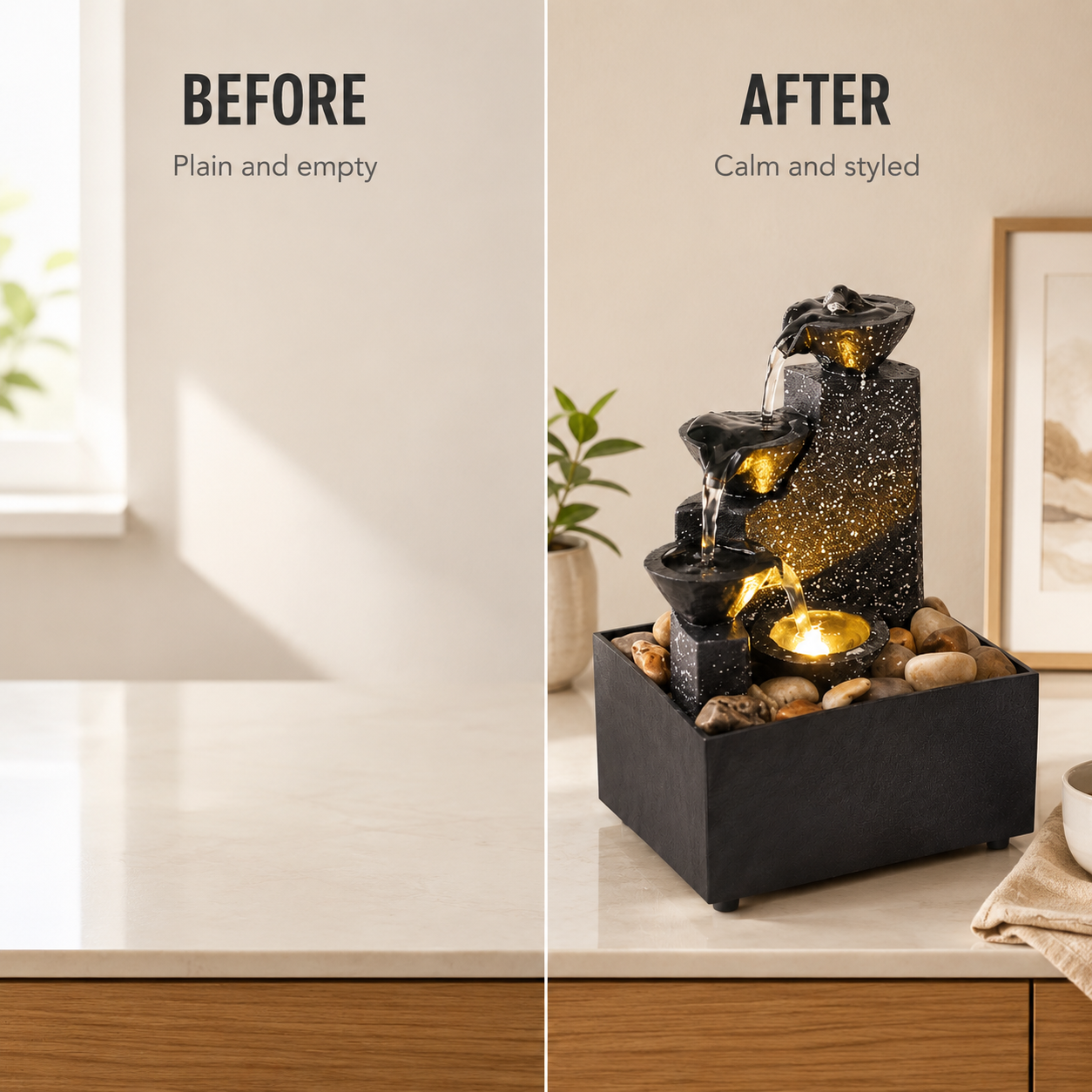 Tabletop Water Fountain Decor | Indoor Waterfall Ornament | Desk Shelf Accent | Soft Light Home Office Display
