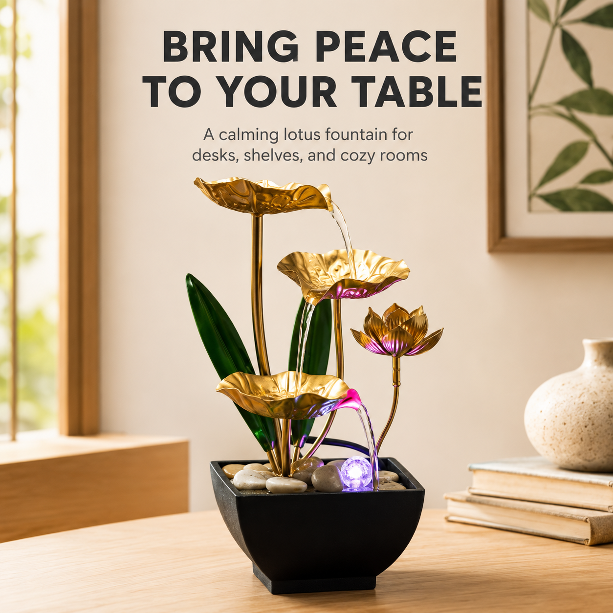 Lotus Tabletop Water Fountain | Indoor Waterfall Decor | Office Desk Fountain | Living Room Cabinet Ornament