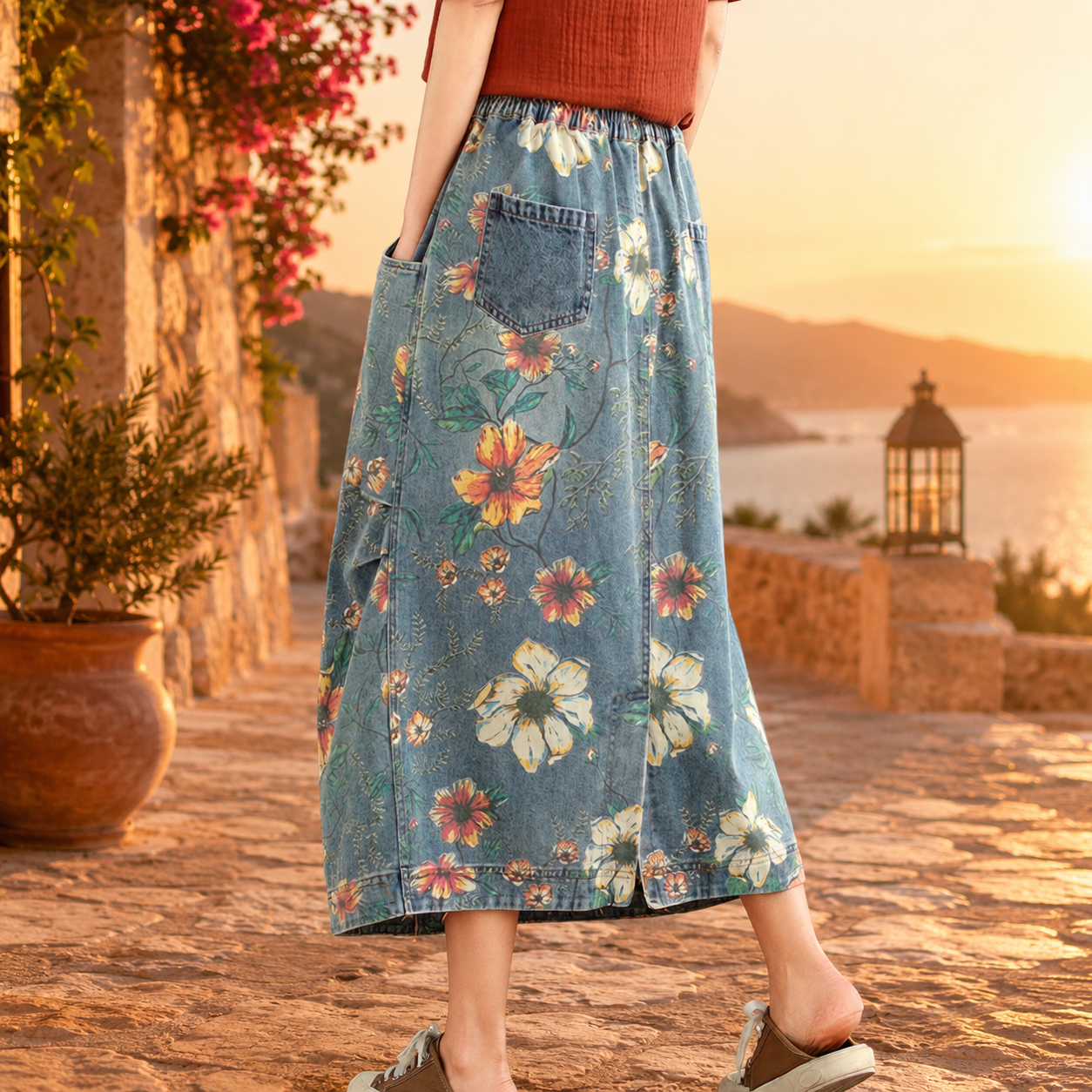 Vintage Floral Denim Maxi Skirt, Women's Elastic Waist Jean Skirt, Casual Summer A Line Long Skirt with Pockets, Boho Floral Skirt