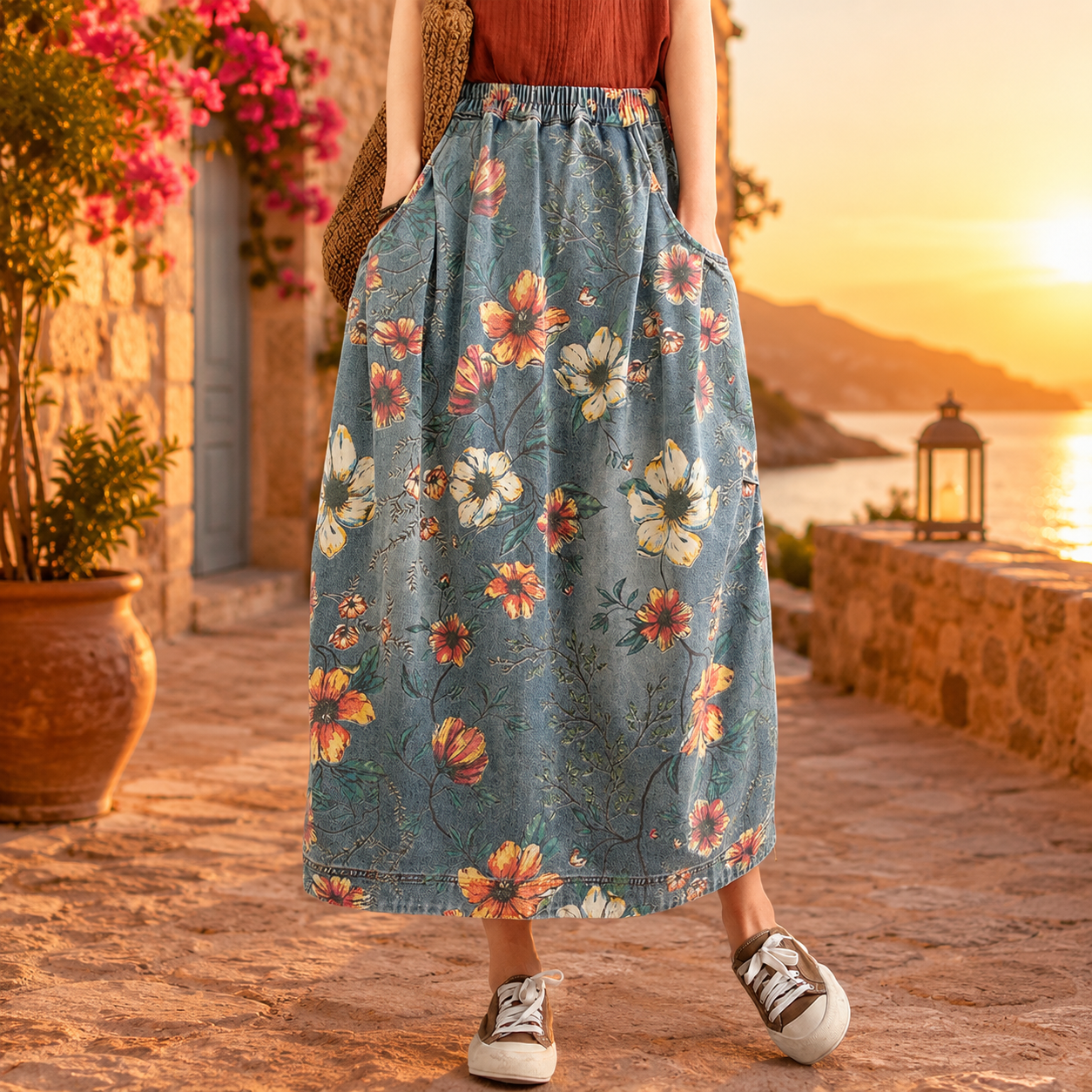 Vintage Floral Denim Maxi Skirt, Women's Elastic Waist Jean Skirt, Casual Summer A Line Long Skirt with Pockets, Boho Floral Skirt