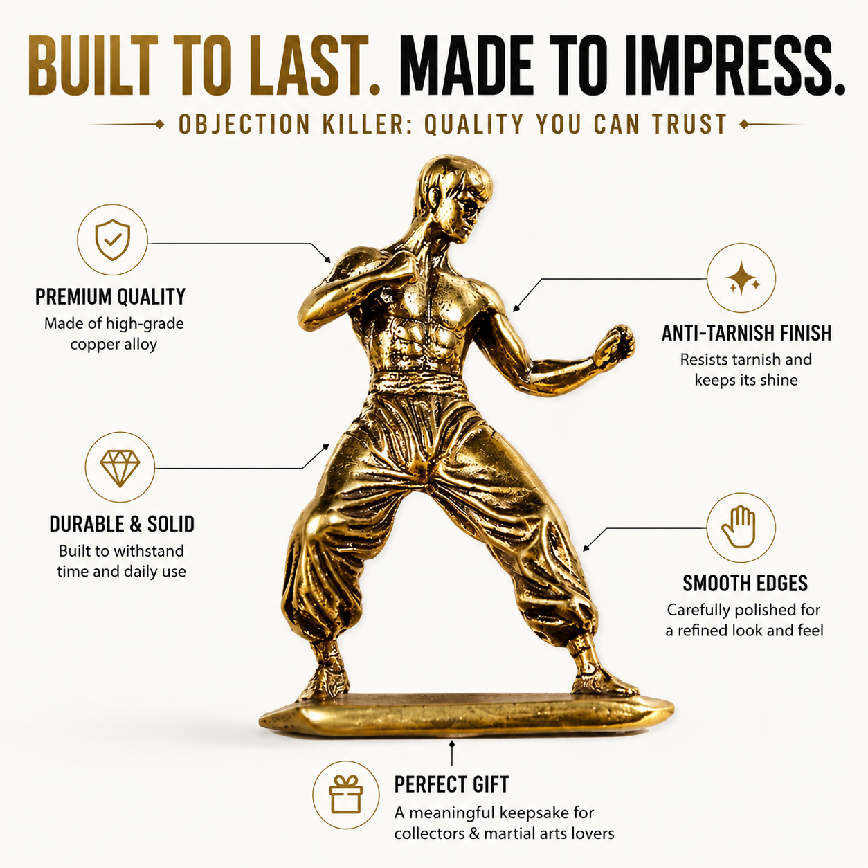Copper Martial Artist Figurine Dynamic Fighter Statue Desk Shelf Office Decor Collector Gift Ornament