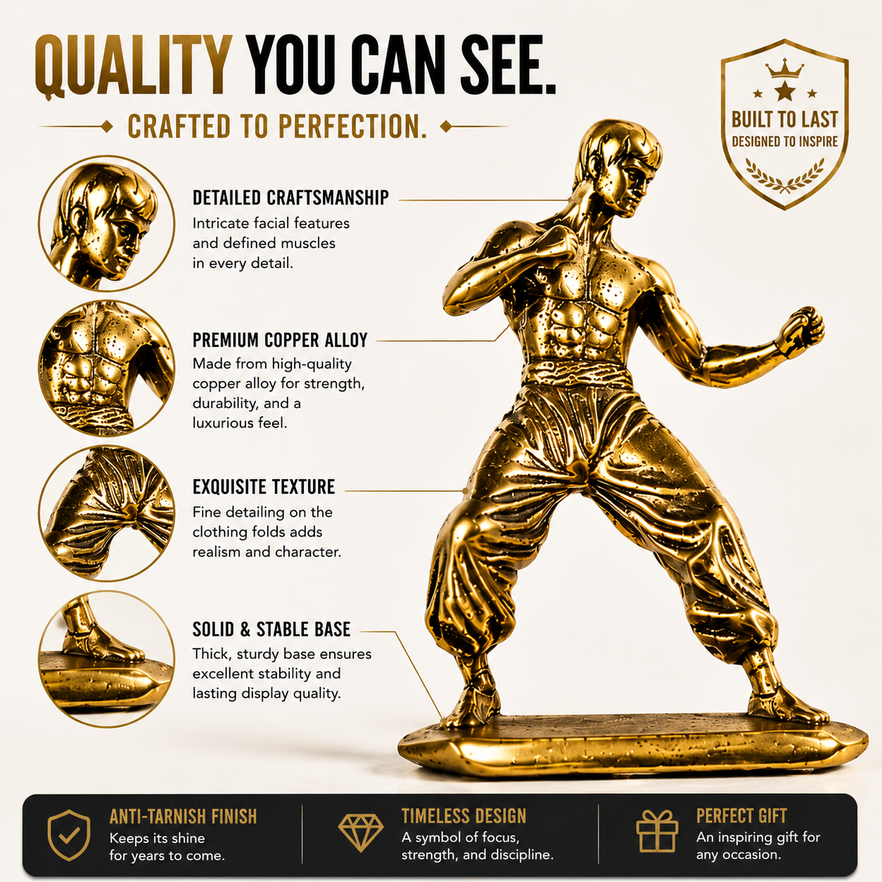 Copper Martial Artist Figurine Dynamic Fighter Statue Desk Shelf Office Decor Collector Gift Ornament