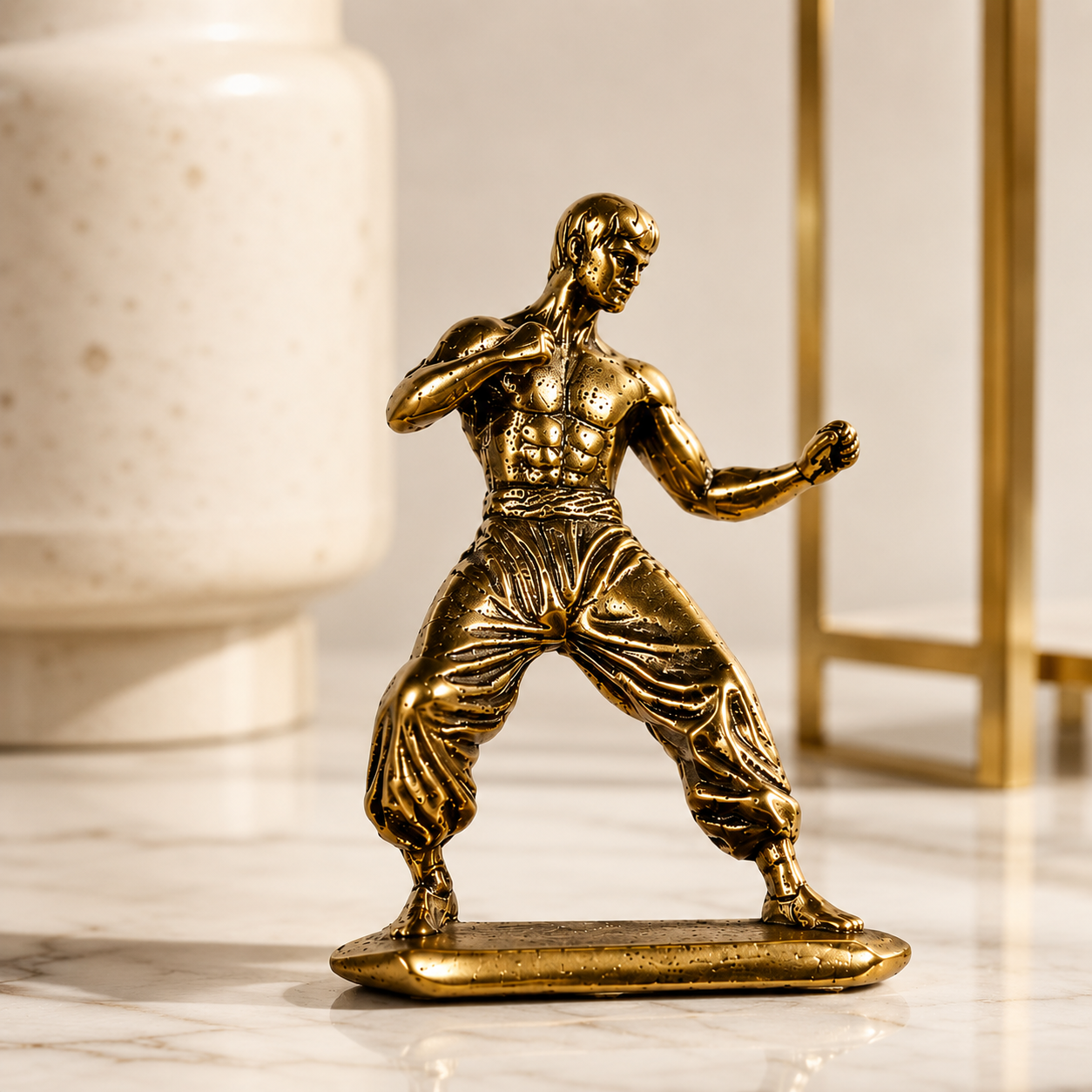 Copper Martial Artist Figurine Dynamic Fighter Statue Desk Shelf Office Decor Collector Gift Ornament