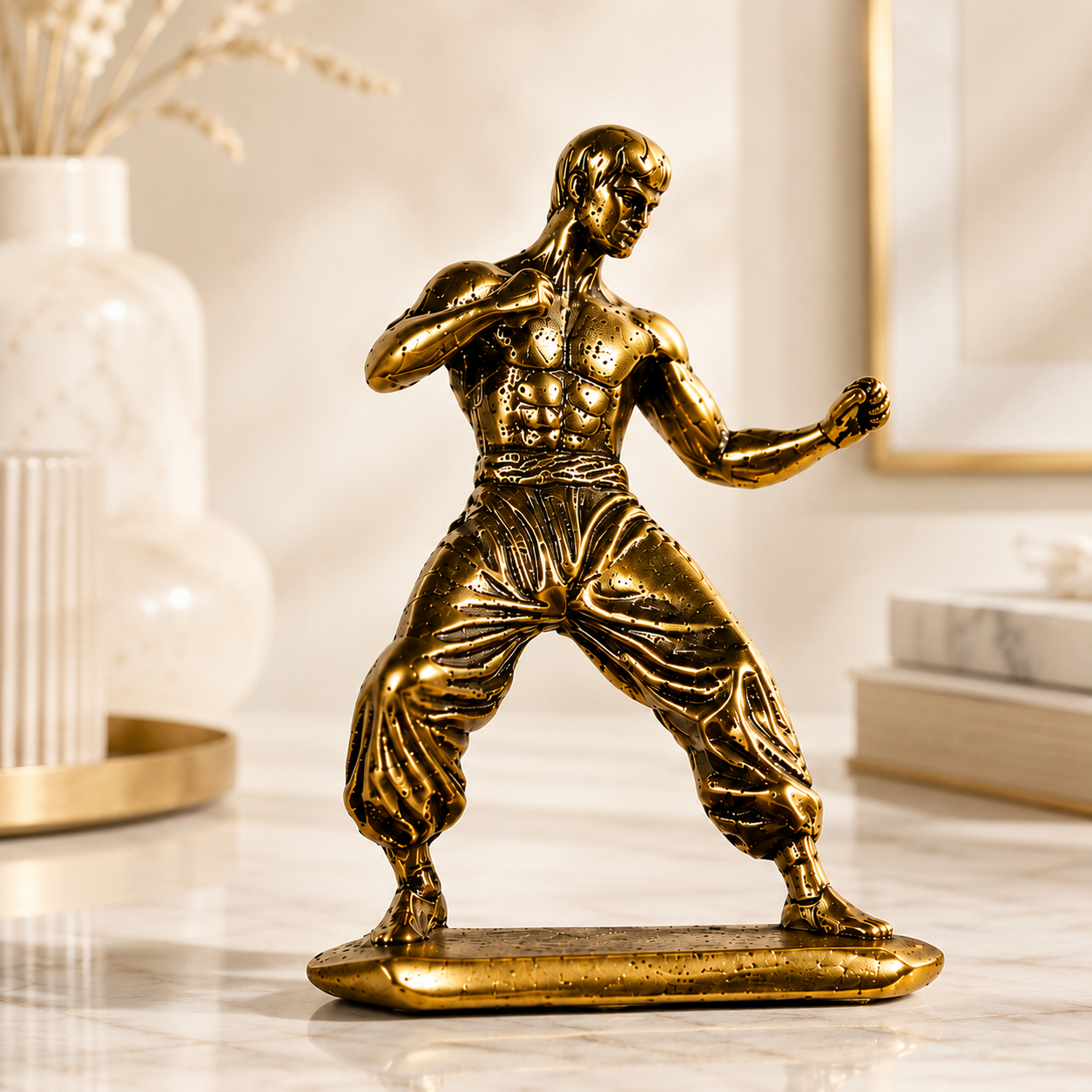 Copper Martial Artist Figurine Dynamic Fighter Statue Desk Shelf Office Decor Collector Gift Ornament