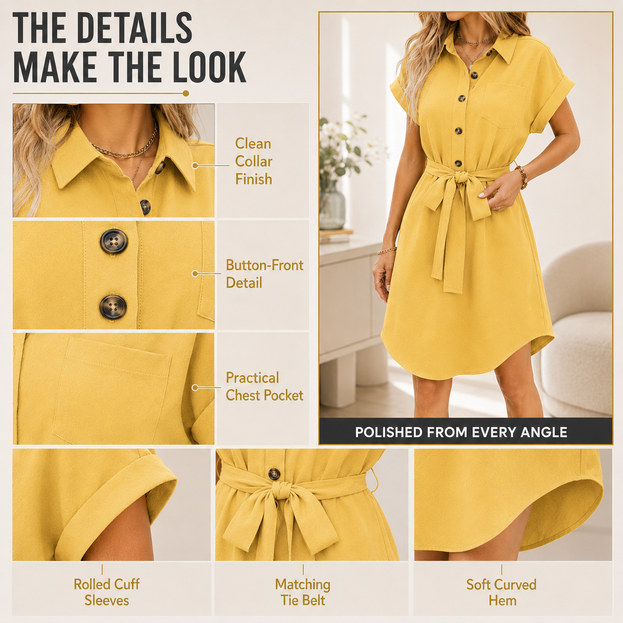 Women's Shirt Dress | Tie Waist Office Style | Short Sleeve Collared Midi | Button Front Summer Outfit | Pocket Detail