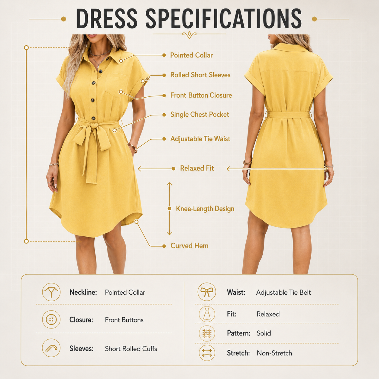 Women's Shirt Dress | Tie Waist Office Style | Short Sleeve Collared Midi | Button Front Summer Outfit | Pocket Detail
