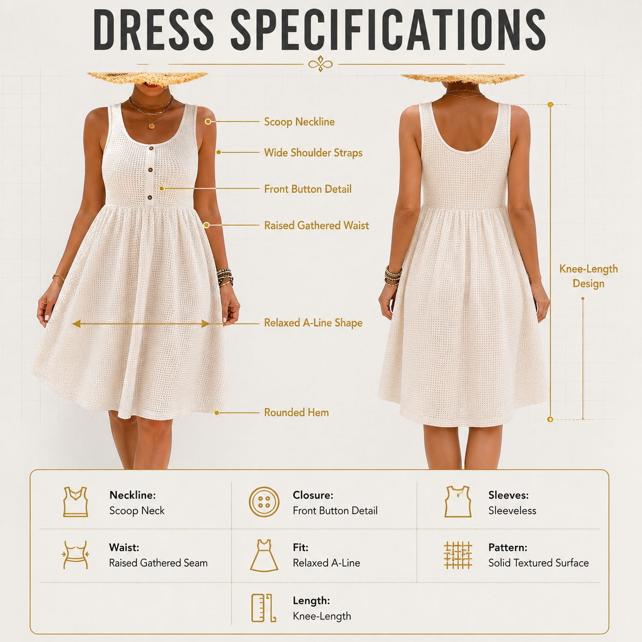 Women's Sleeveless Summer Dress | Textured Casual Midi Dress | Button Front Sundress | Relaxed A-Line Dress | Vacation Outfit