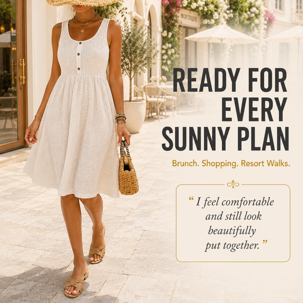 Women's Sleeveless Summer Dress | Textured Casual Midi Dress | Button Front Sundress | Relaxed A-Line Dress | Vacation Outfit