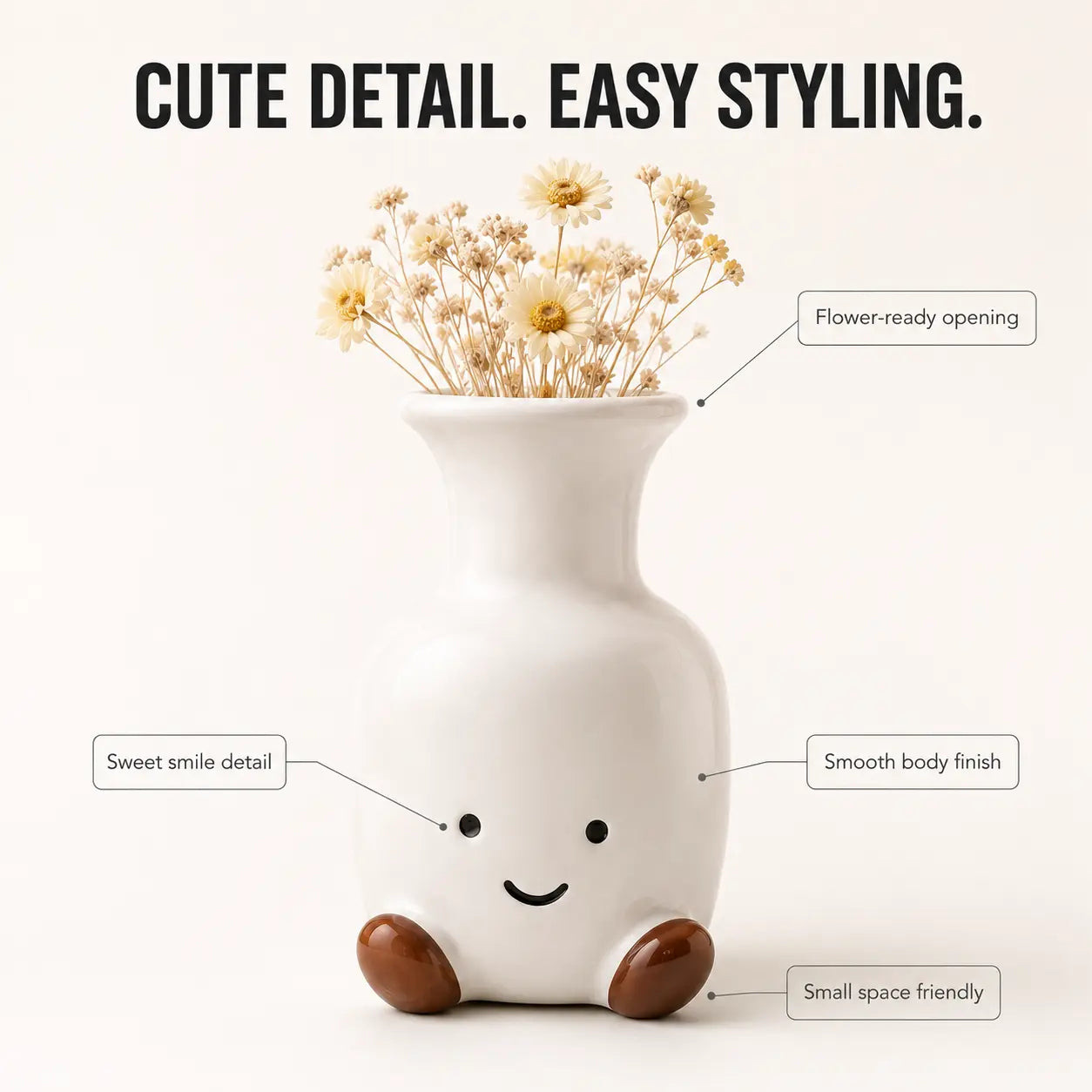 Smiling Face Flower Vase | Cute Table Decor | Small Ceramic Look Vase | Desk Shelf Accent for Dried Flowers Jumartins
