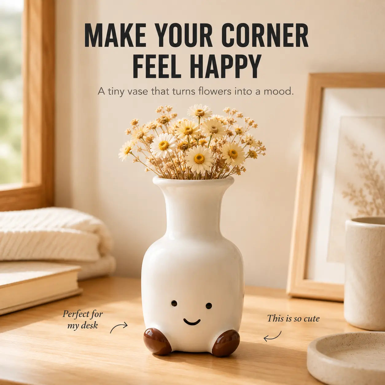 Smiling Face Flower Vase | Cute Table Decor | Small Ceramic Look Vase | Desk Shelf Accent for Dried Flowers Jumartins