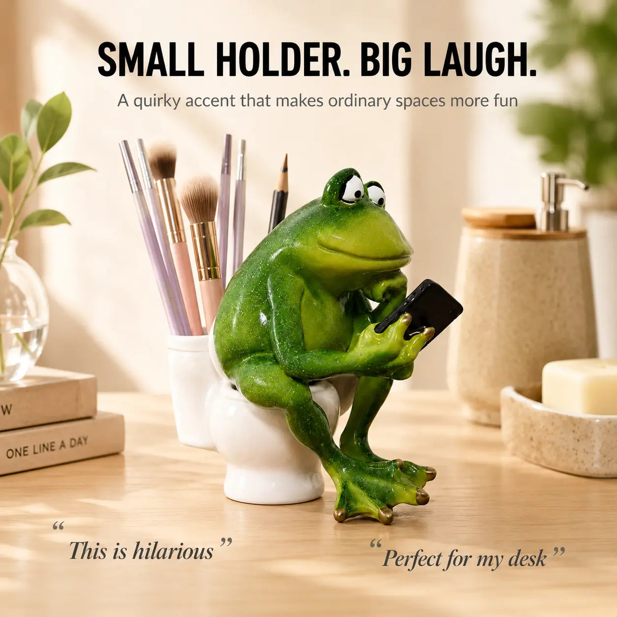 Funny Frog Pen Holder | Frog Figurine Decor | Cute Desk Organizer | Garden Patio Shelf Accent Gift Jumartins