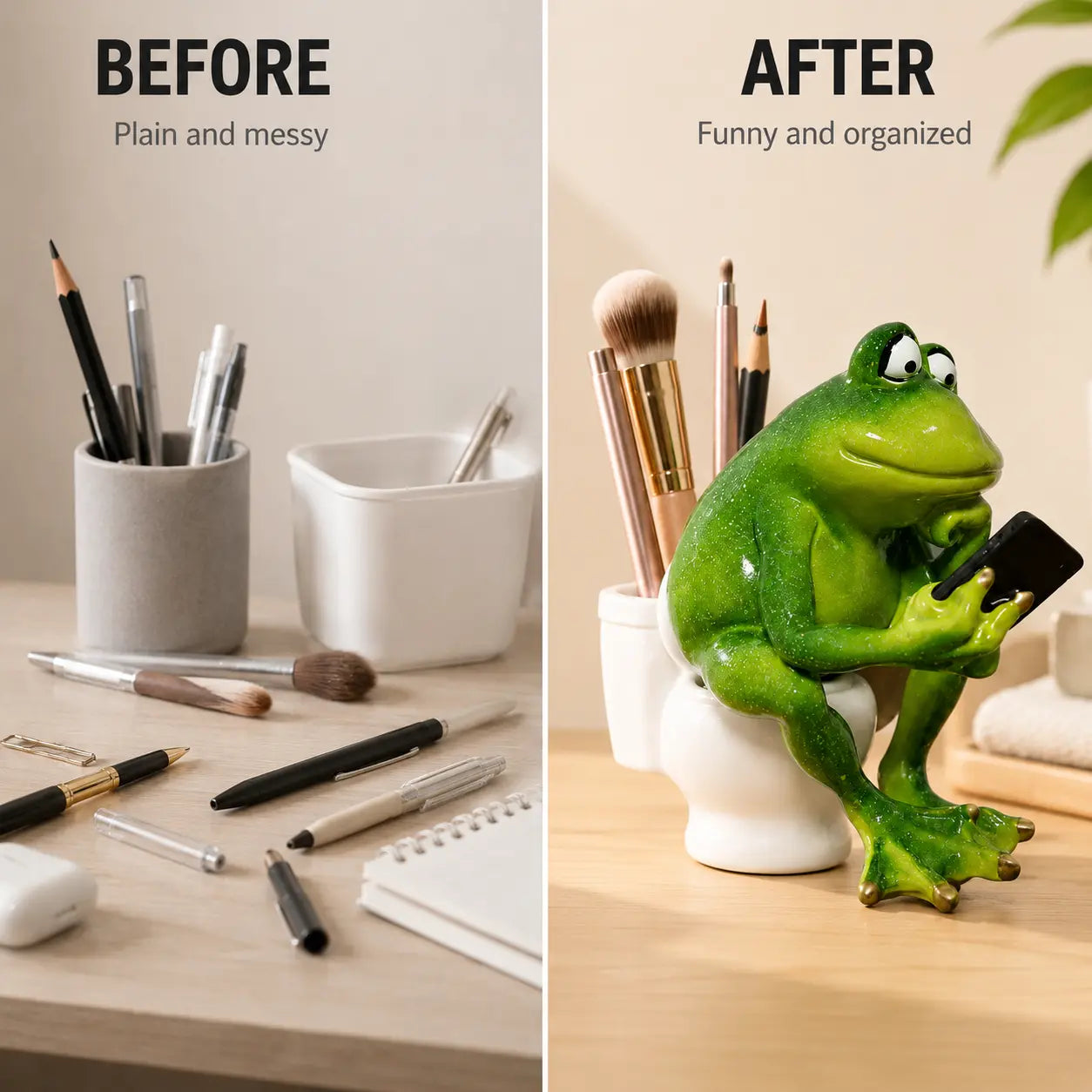 Funny Frog Pen Holder | Frog Figurine Decor | Cute Desk Organizer | Garden Patio Shelf Accent Gift Jumartins