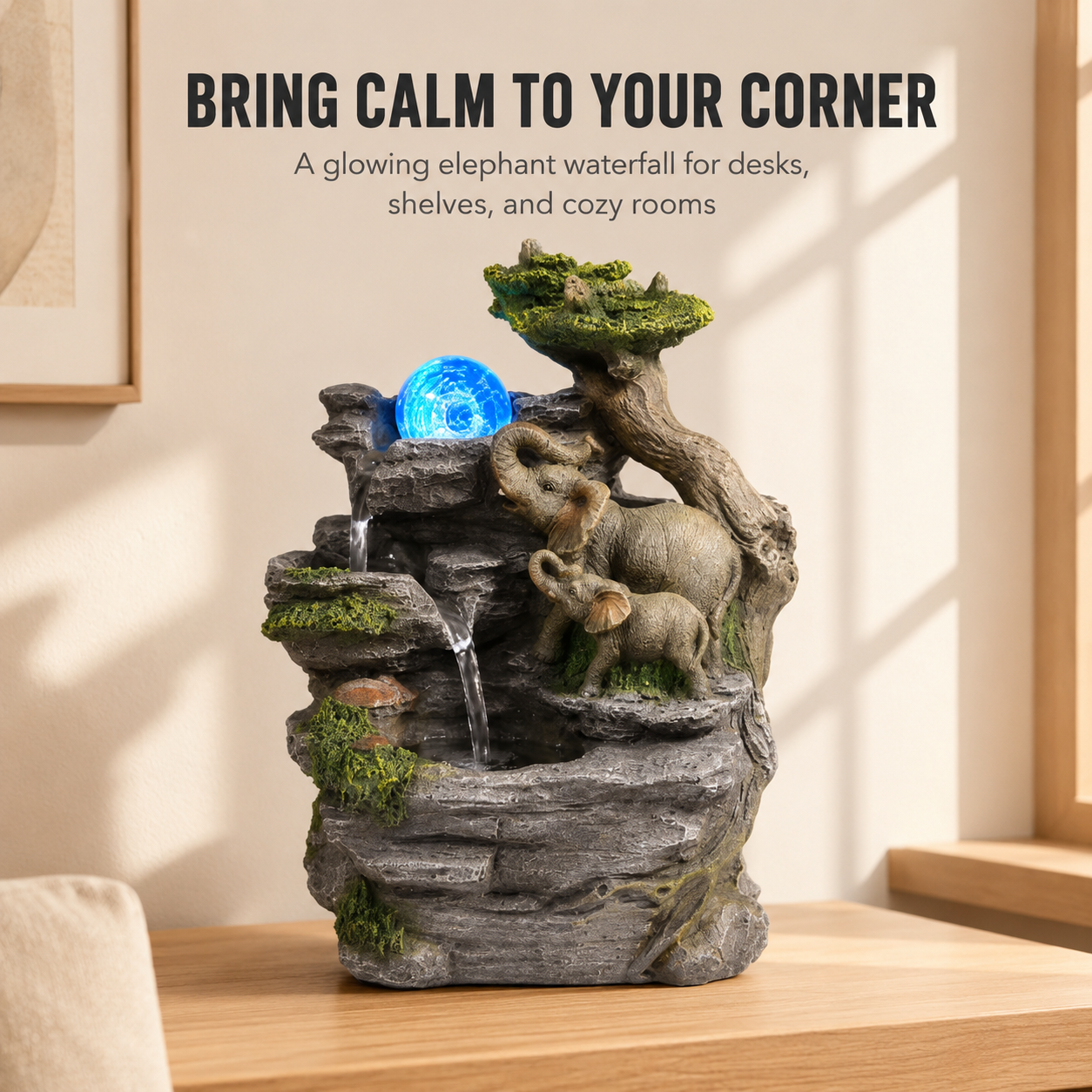 Tabletop Water Fountain Decor | Indoor Elephant Waterfall Ornament | Desk Shelf Accent | LED Glow Home Display