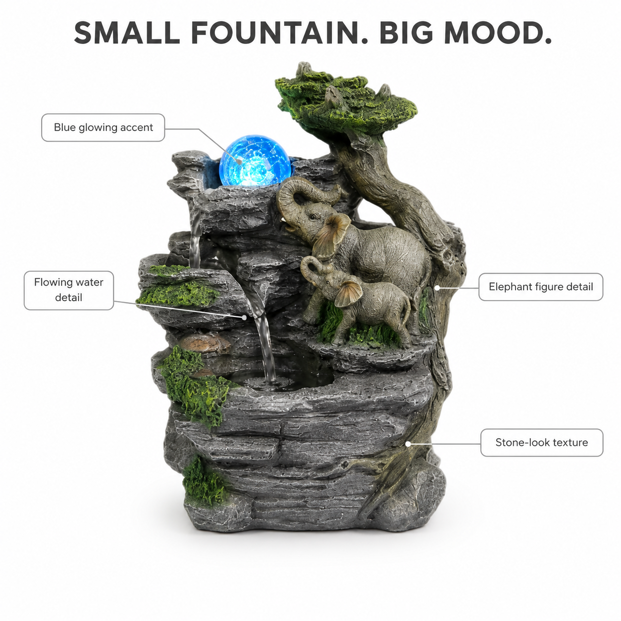 Tabletop Water Fountain Decor | Indoor Elephant Waterfall Ornament | Desk Shelf Accent | LED Glow Home Display