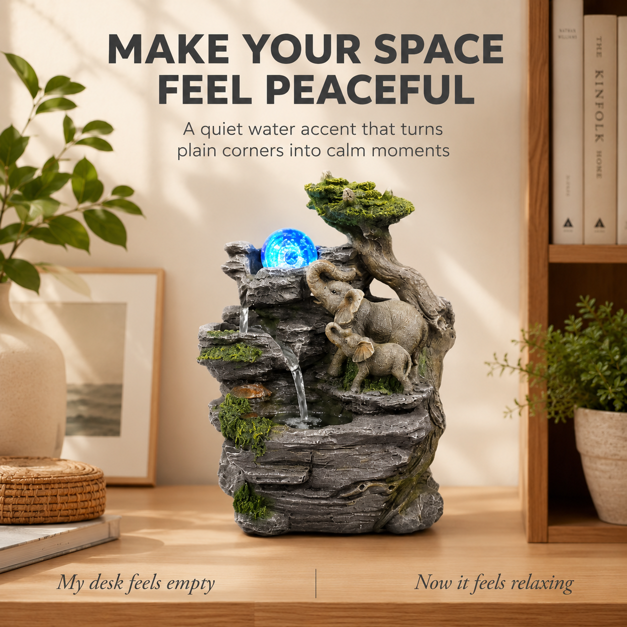 Tabletop Water Fountain Decor | Indoor Elephant Waterfall Ornament | Desk Shelf Accent | LED Glow Home Display