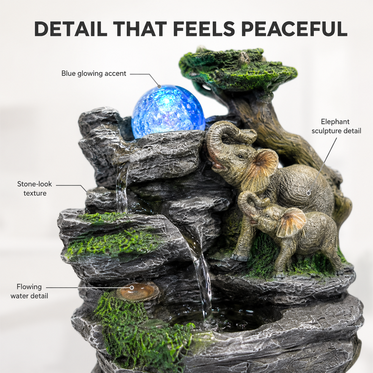 Tabletop Water Fountain Decor | Indoor Elephant Waterfall Ornament | Desk Shelf Accent | LED Glow Home Display