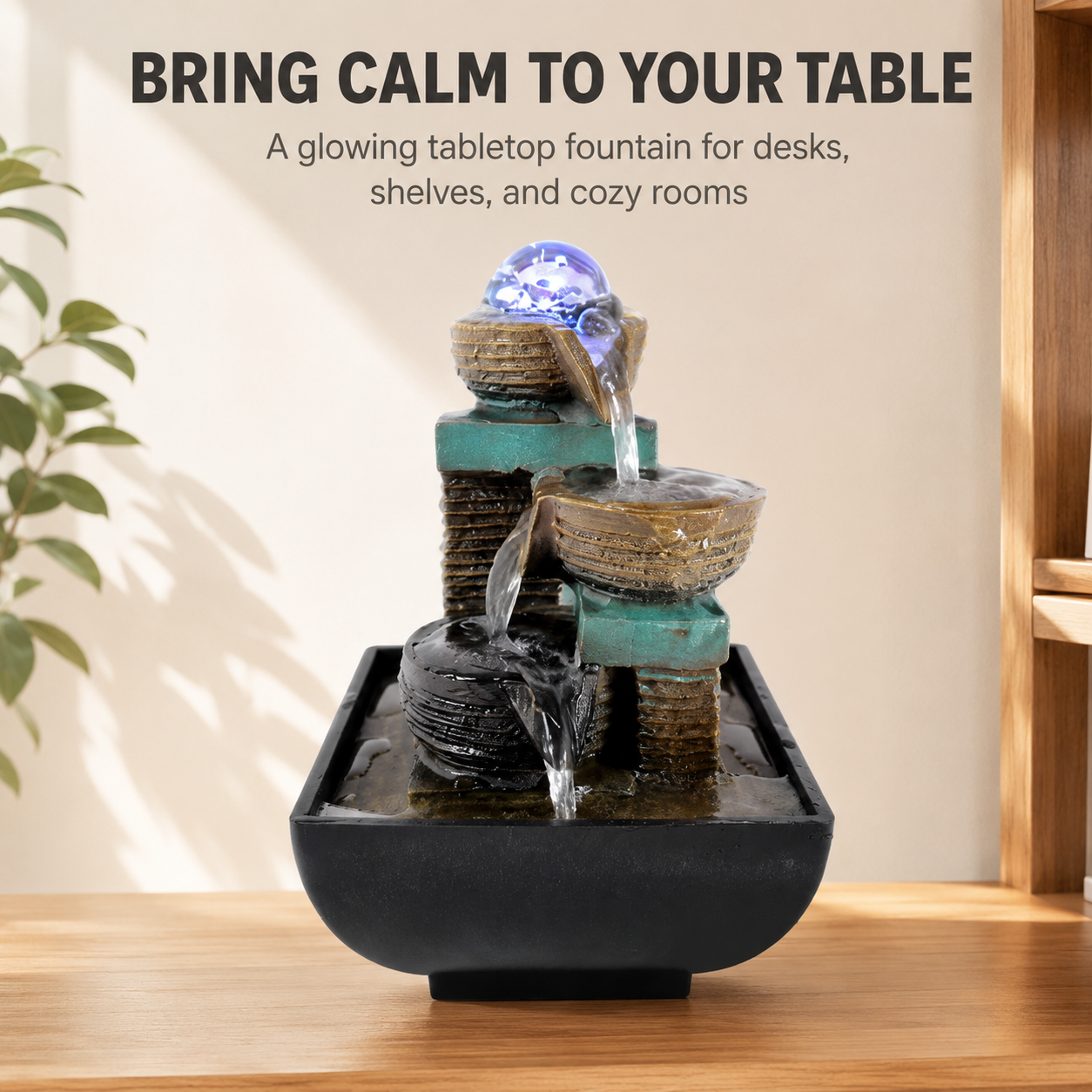 Tabletop Water Fountain Decor | Indoor Waterfall Ornament | Desk Shelf Accent | Glowing Home Office Display