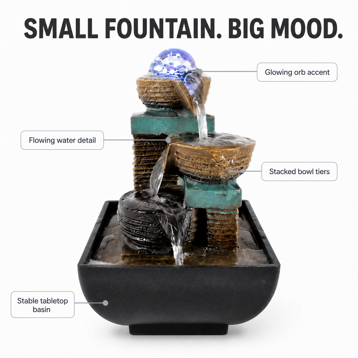 Tabletop Water Fountain Decor | Indoor Waterfall Ornament | Desk Shelf Accent | Glowing Home Office Display