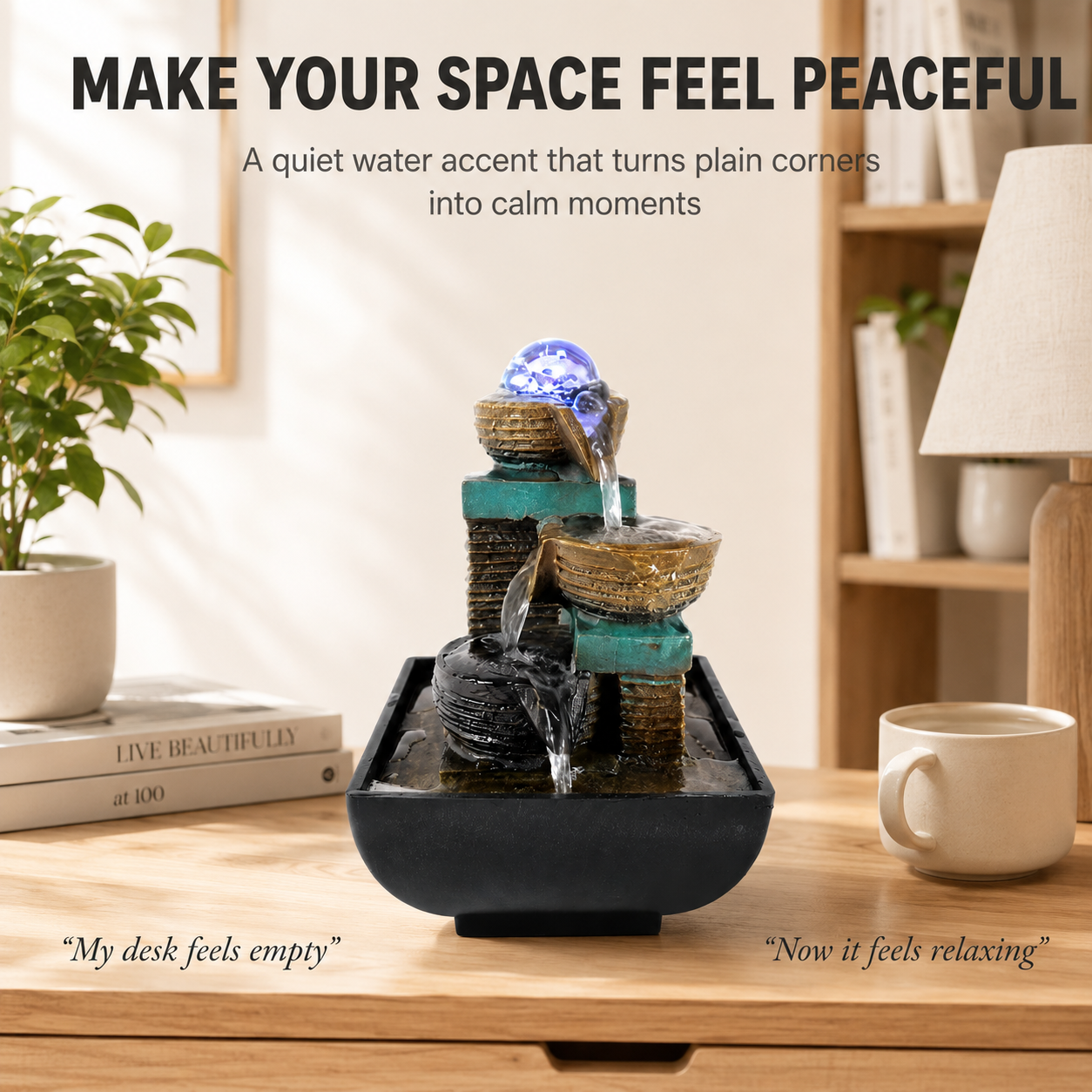 Tabletop Water Fountain Decor | Indoor Waterfall Ornament | Desk Shelf Accent | Glowing Home Office Display