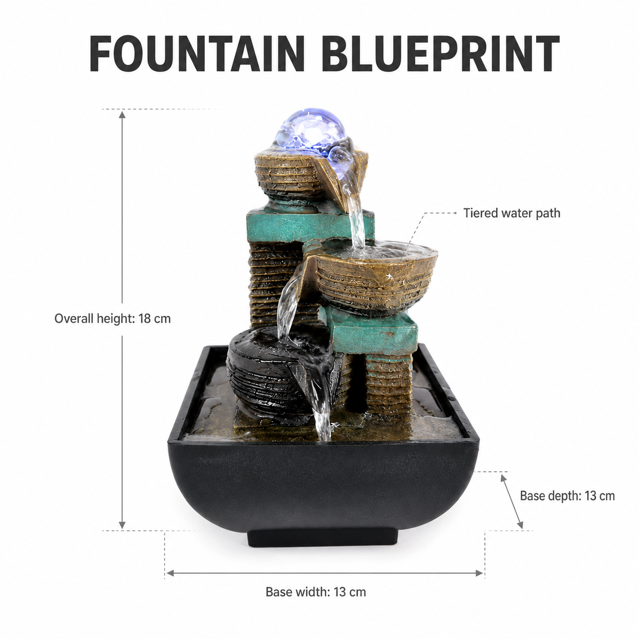 Tabletop Water Fountain Decor | Indoor Waterfall Ornament | Desk Shelf Accent | Glowing Home Office Display