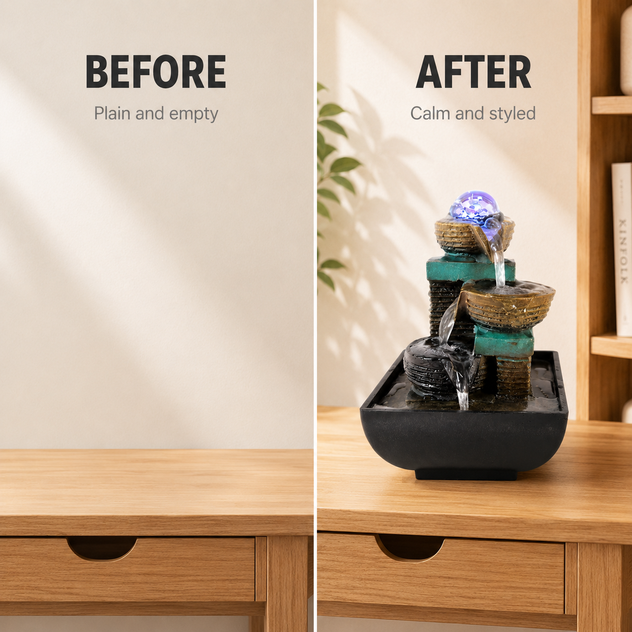 Tabletop Water Fountain Decor | Indoor Waterfall Ornament | Desk Shelf Accent | Glowing Home Office Display