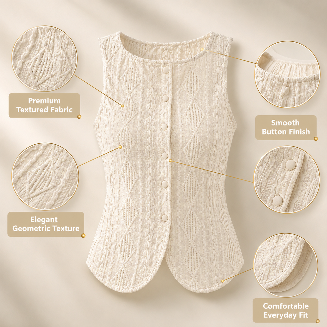 Women's Sleeveless Textured Button Front Top, Geometric Jacquard Summer Blouse, Quiet Luxury Tank, Elegant Casual Shirt