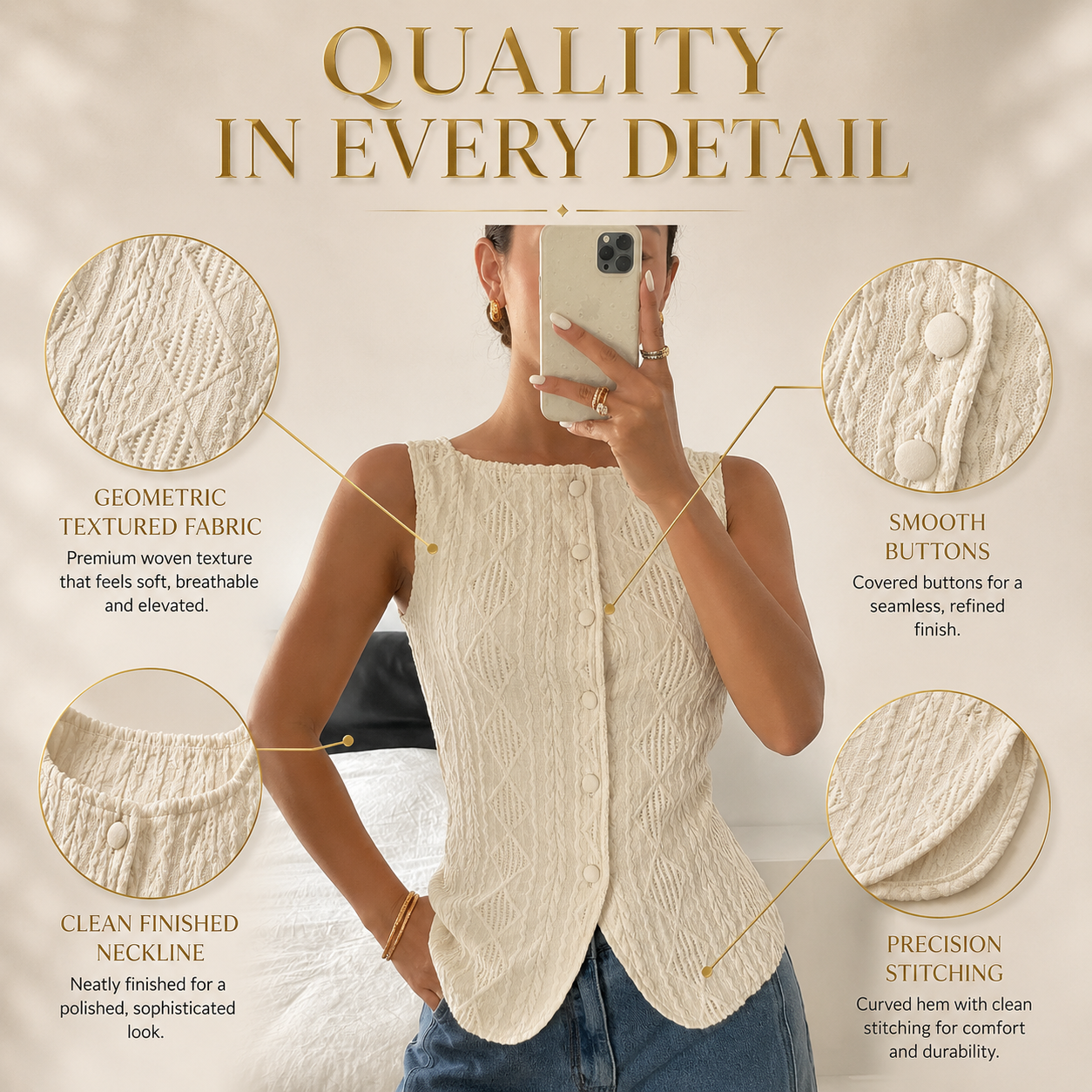 Women's Sleeveless Textured Button Front Top, Geometric Jacquard Summer Blouse, Quiet Luxury Tank, Elegant Casual Shirt