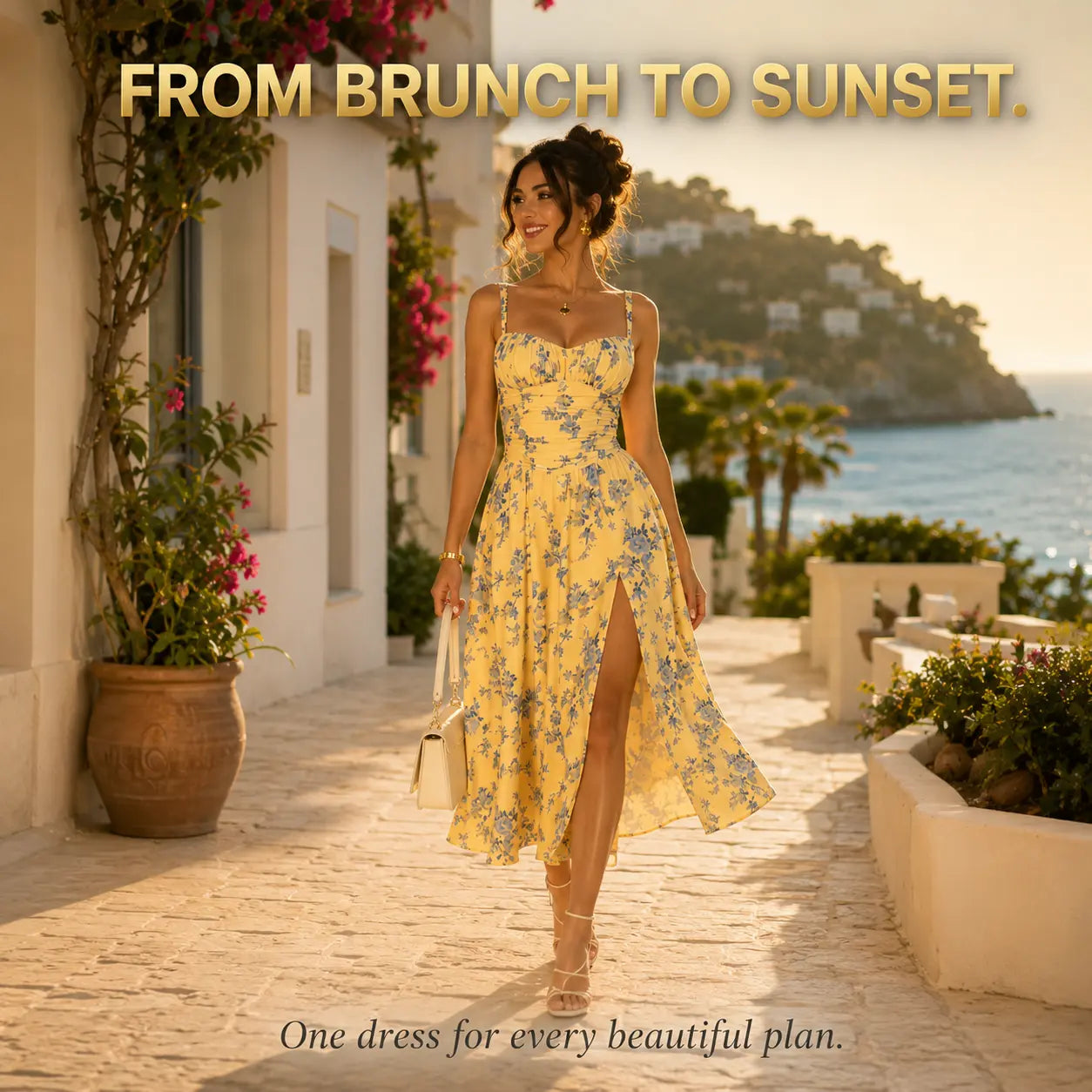 Floral Midi Dress With Side Slit | A Line Summer Dress | Ruched Bodice Sundress | Elegant Strap Dress | Vacation Outfit Jumartins
