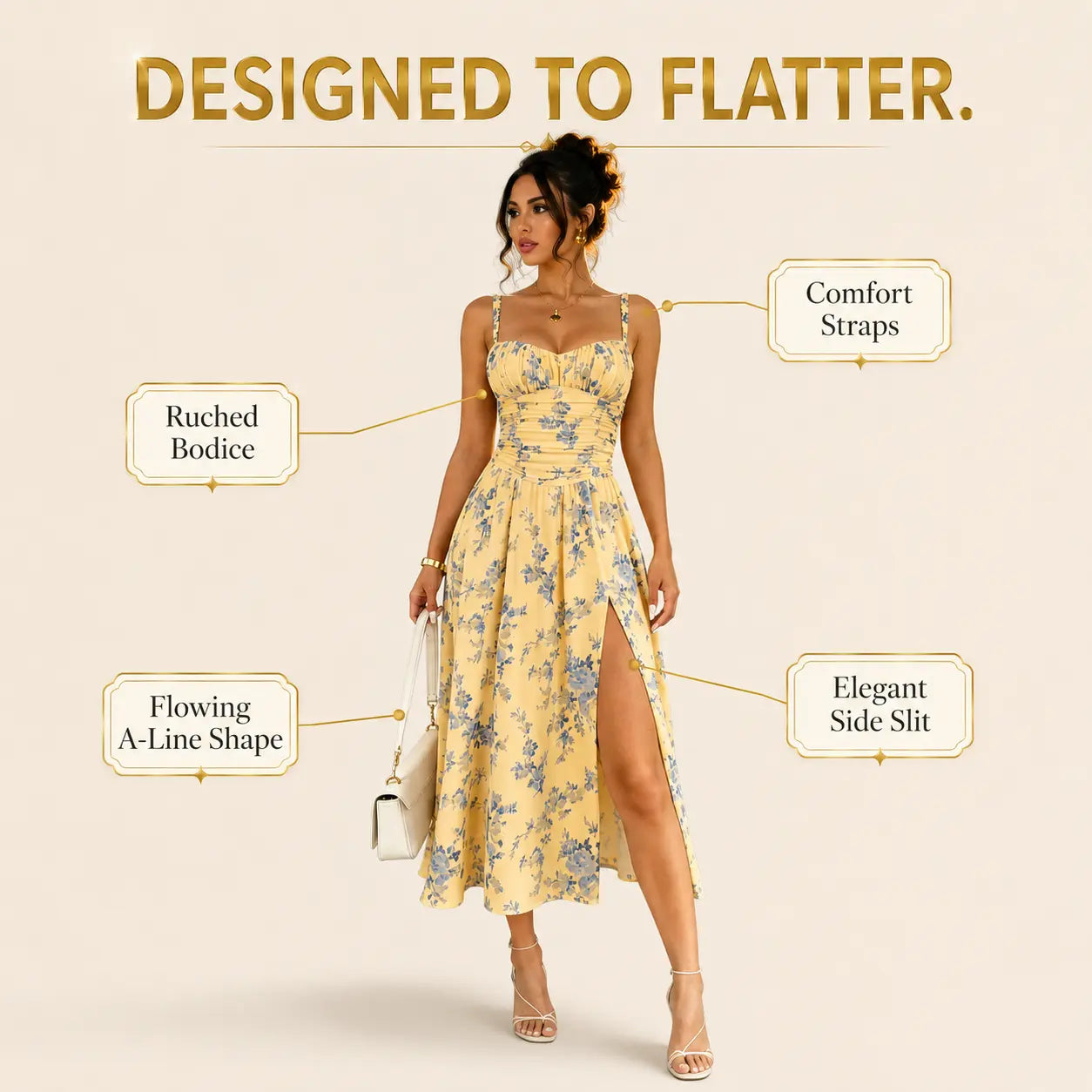 Floral Midi Dress With Side Slit | A Line Summer Dress | Ruched Bodice Sundress | Elegant Strap Dress | Vacation Outfit Jumartins
