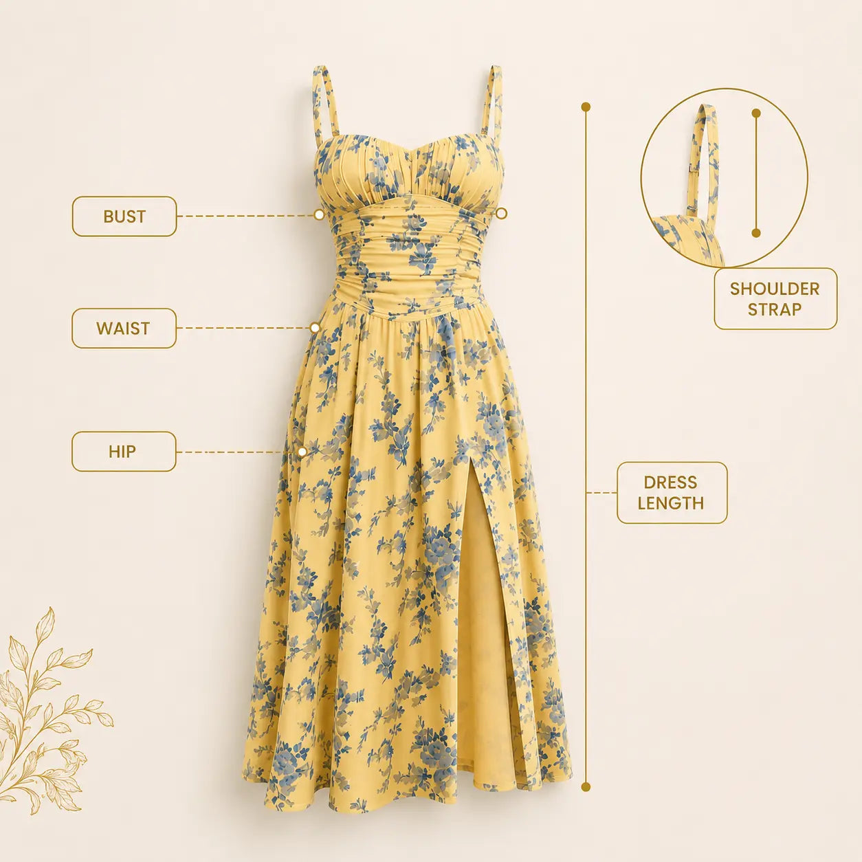 Floral Midi Dress With Side Slit | A Line Summer Dress | Ruched Bodice Sundress | Elegant Strap Dress | Vacation Outfit Jumartins