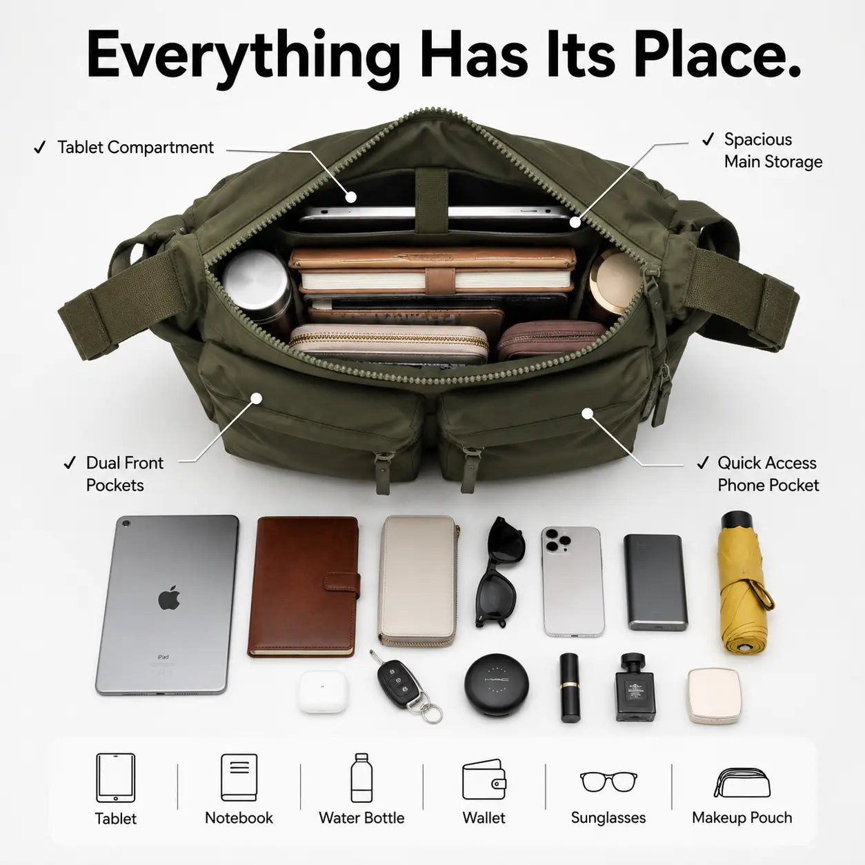 Casual Multi Pocket Messenger Bag for Women Large Nylon Shoulder Bag Lightweight Travel Purse Everyday Crossbody Tote Handbag Jumartins