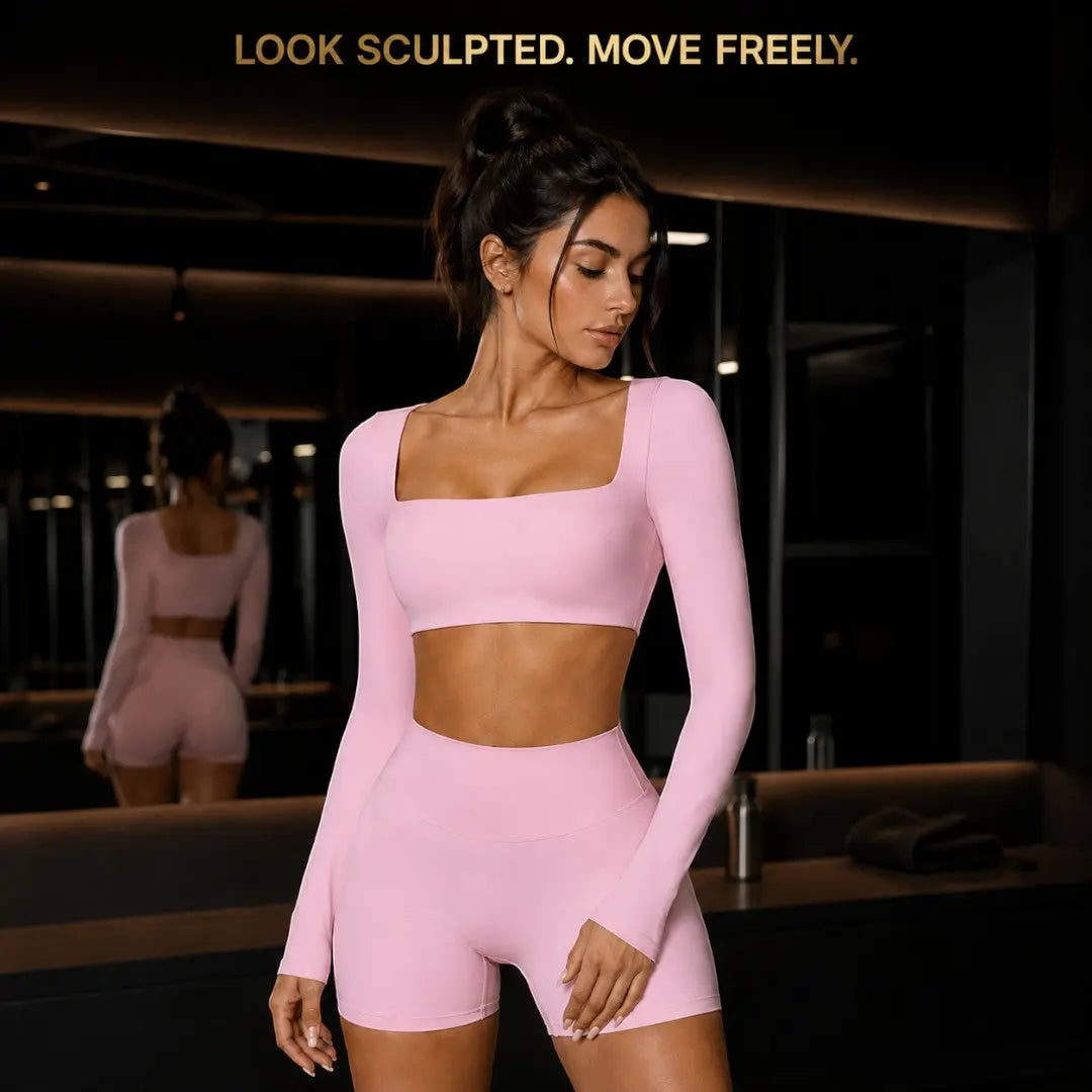 Square Neck Workout Crop Top | Long Sleeve Yoga Shirt | Breathable Quick Dry Gym Top | Stretch Fitness Top | Sculpted Studio Wear Jumartins