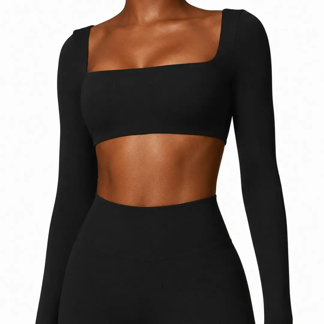 Square Neck Workout Crop Top | Long Sleeve Yoga Shirt | Breathable Quick Dry Gym Top | Stretch Fitness Top | Sculpted Studio Wear Jumartins