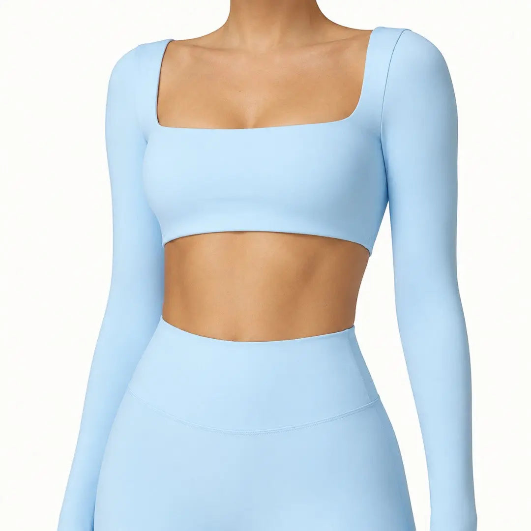 Square Neck Workout Crop Top | Long Sleeve Yoga Shirt | Breathable Quick Dry Gym Top | Stretch Fitness Top | Sculpted Studio Wear Jumartins