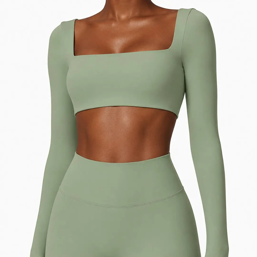 Square Neck Workout Crop Top | Long Sleeve Yoga Shirt | Breathable Quick Dry Gym Top | Stretch Fitness Top | Sculpted Studio Wear Jumartins