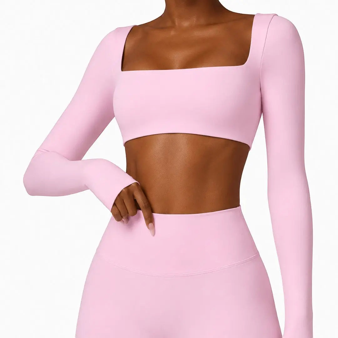 Square Neck Workout Crop Top | Long Sleeve Yoga Shirt | Breathable Quick Dry Gym Top | Stretch Fitness Top | Sculpted Studio Wear Jumartins
