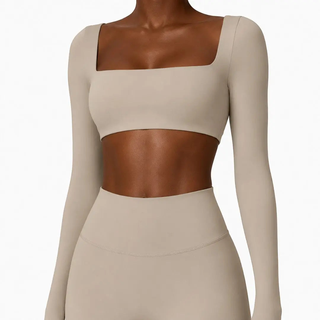 Square Neck Workout Crop Top | Long Sleeve Yoga Shirt | Breathable Quick Dry Gym Top | Stretch Fitness Top | Sculpted Studio Wear Jumartins