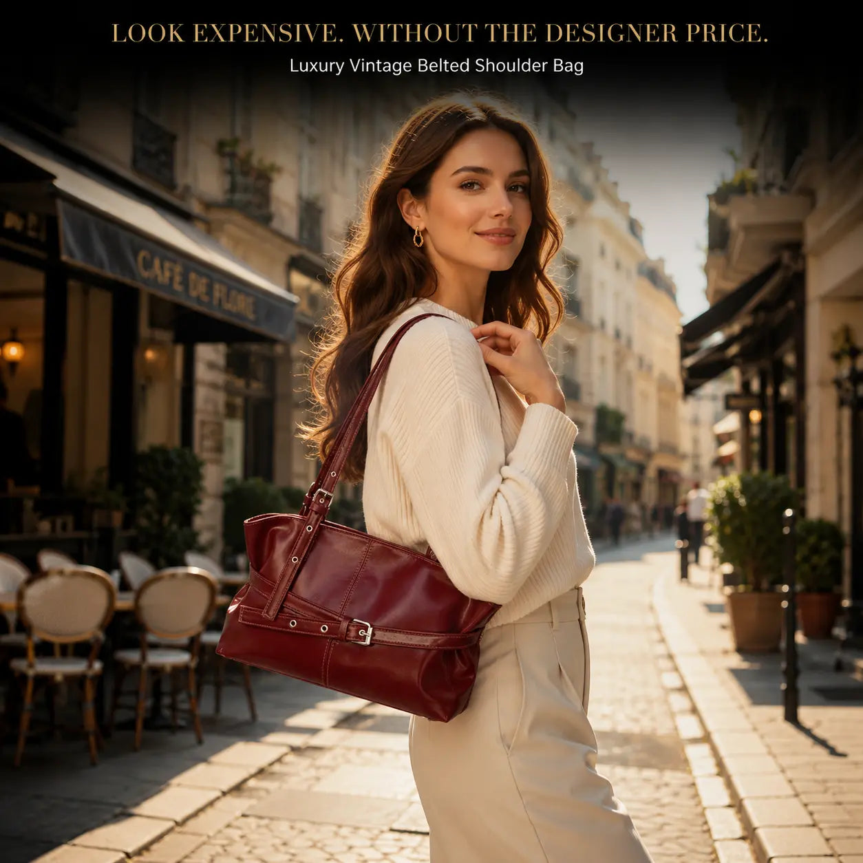 Luxury Vintage Belted Burgundy Shoulder Bag for Women | Quiet Luxury Soft Leather Everyday Tote Purse with Adjustable Strap Jumartins
