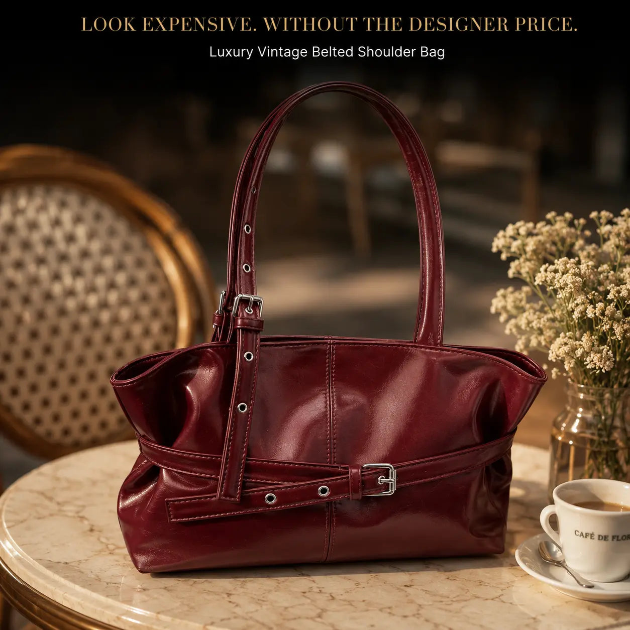 Luxury Vintage Belted Burgundy Shoulder Bag for Women | Quiet Luxury Soft Leather Everyday Tote Purse with Adjustable Strap Jumartins