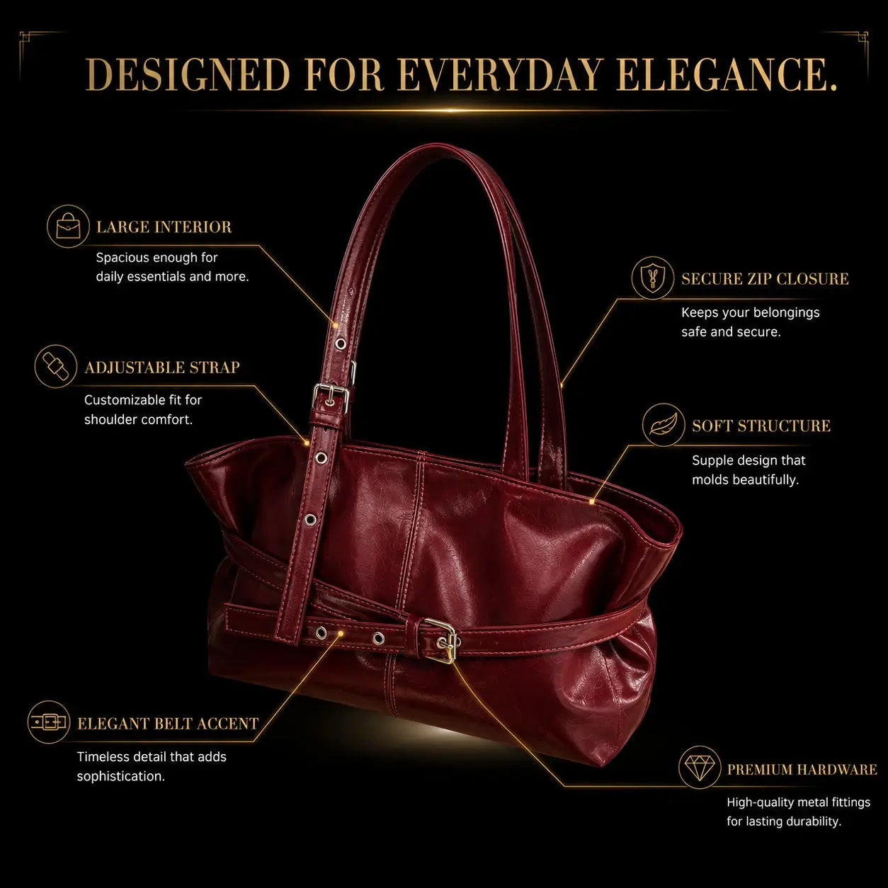 Luxury Vintage Belted Burgundy Shoulder Bag for Women | Quiet Luxury Soft Leather Everyday Tote Purse with Adjustable Strap Jumartins