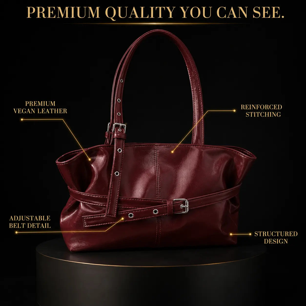 Luxury Vintage Belted Burgundy Shoulder Bag for Women | Quiet Luxury Soft Leather Everyday Tote Purse with Adjustable Strap Jumartins
